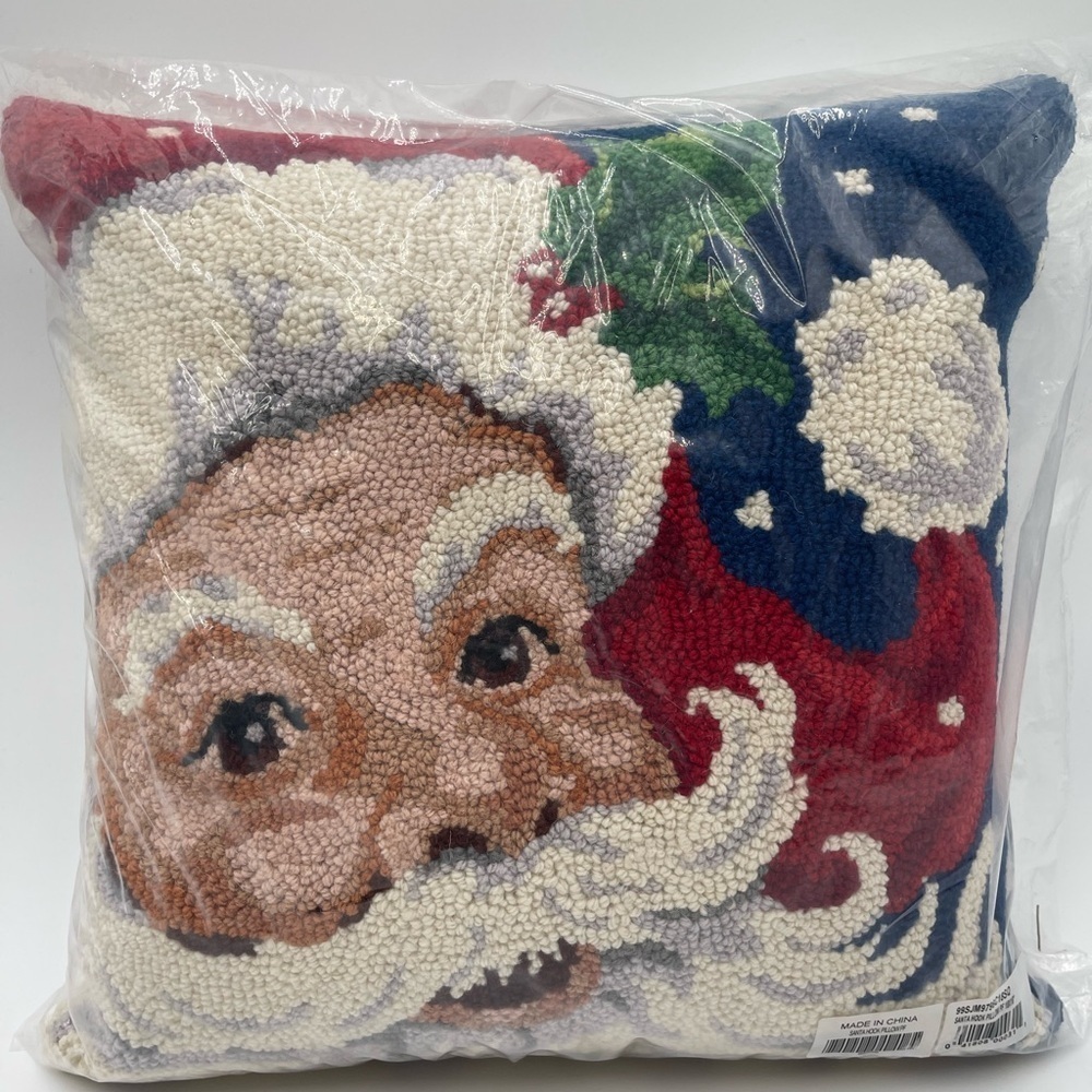 Whimsical 18x18 Santa Claus Face Hand Hooked Wool Christmas Pillow New NWT